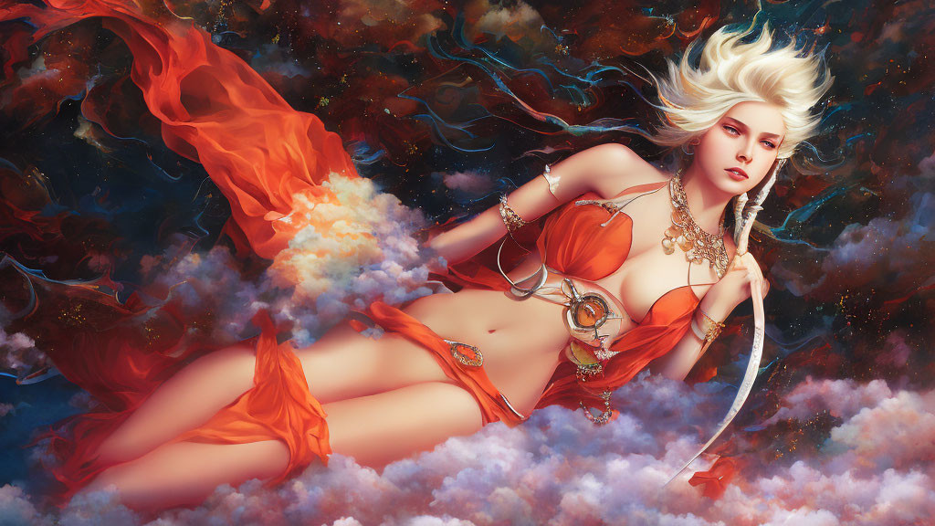 Woman with white hair in orange-red attire among ethereal clouds.