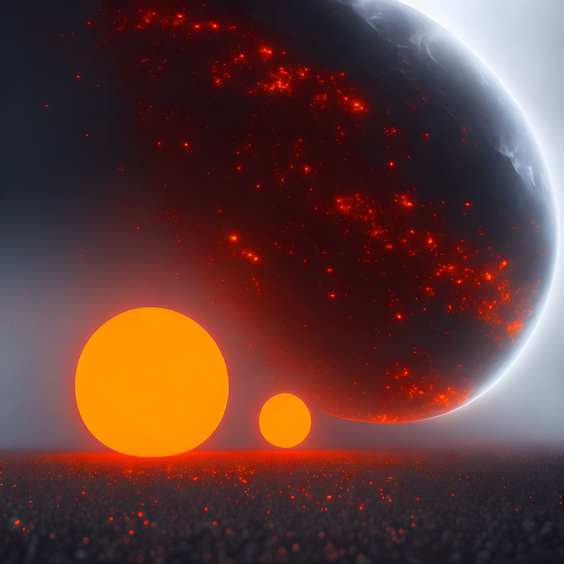 Surreal landscape with glowing orbs, red planet, and hazy sky