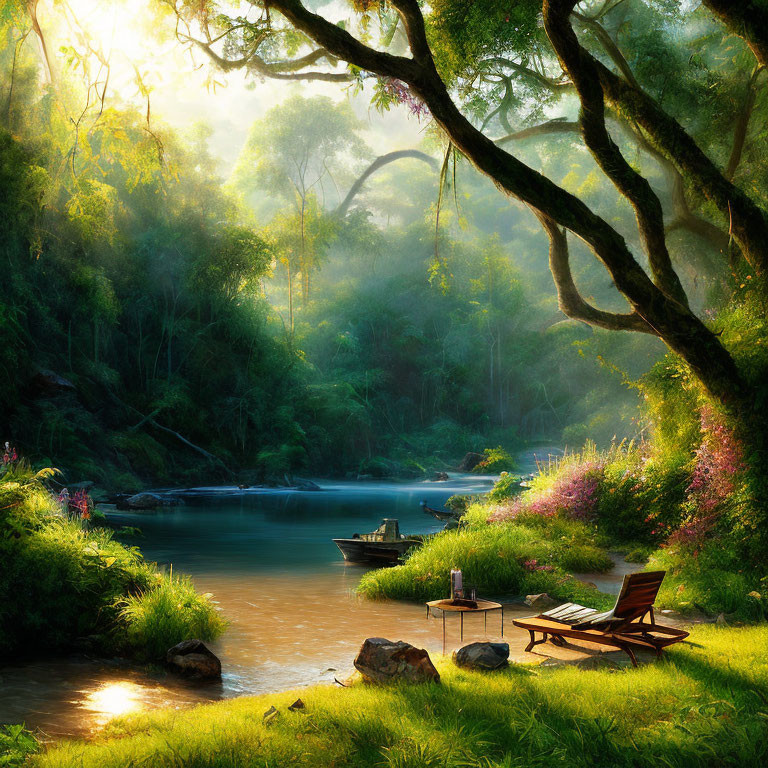 Serene riverside landscape with greenery, lounge chairs, and a boat
