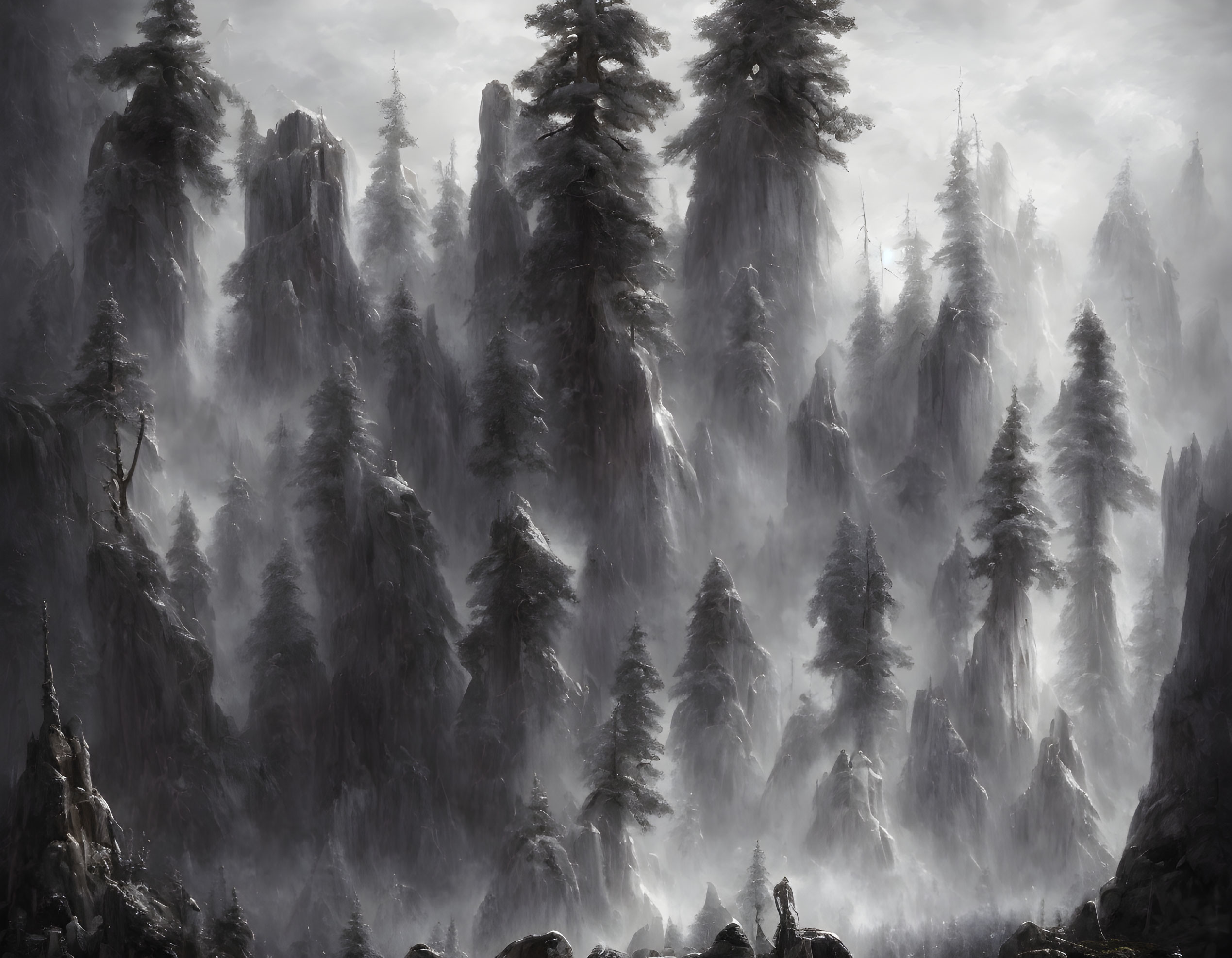 Monochrome forest with misty towering trees