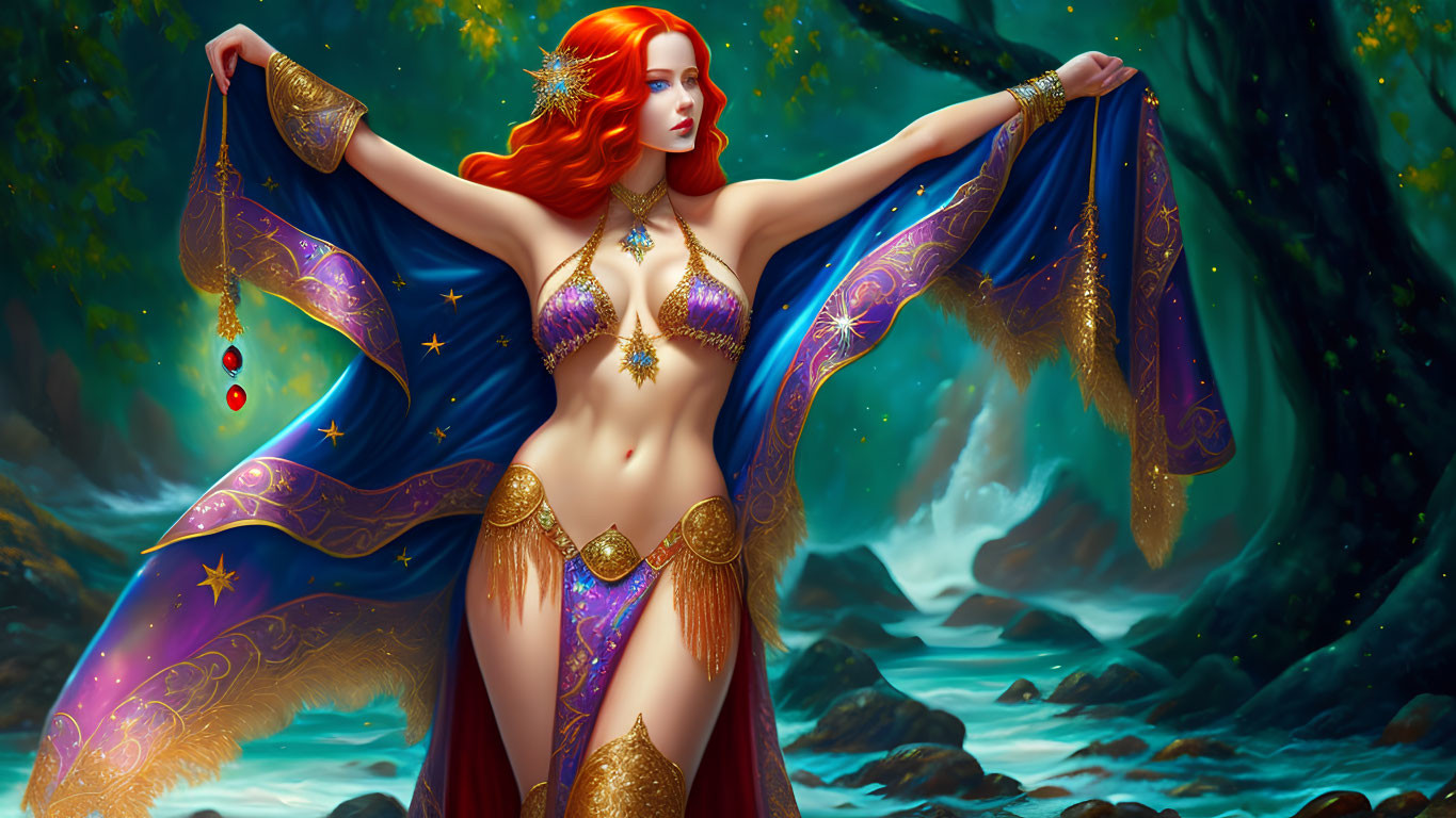 Red-haired woman in fantasy setting wearing gold and purple garments in lush forest