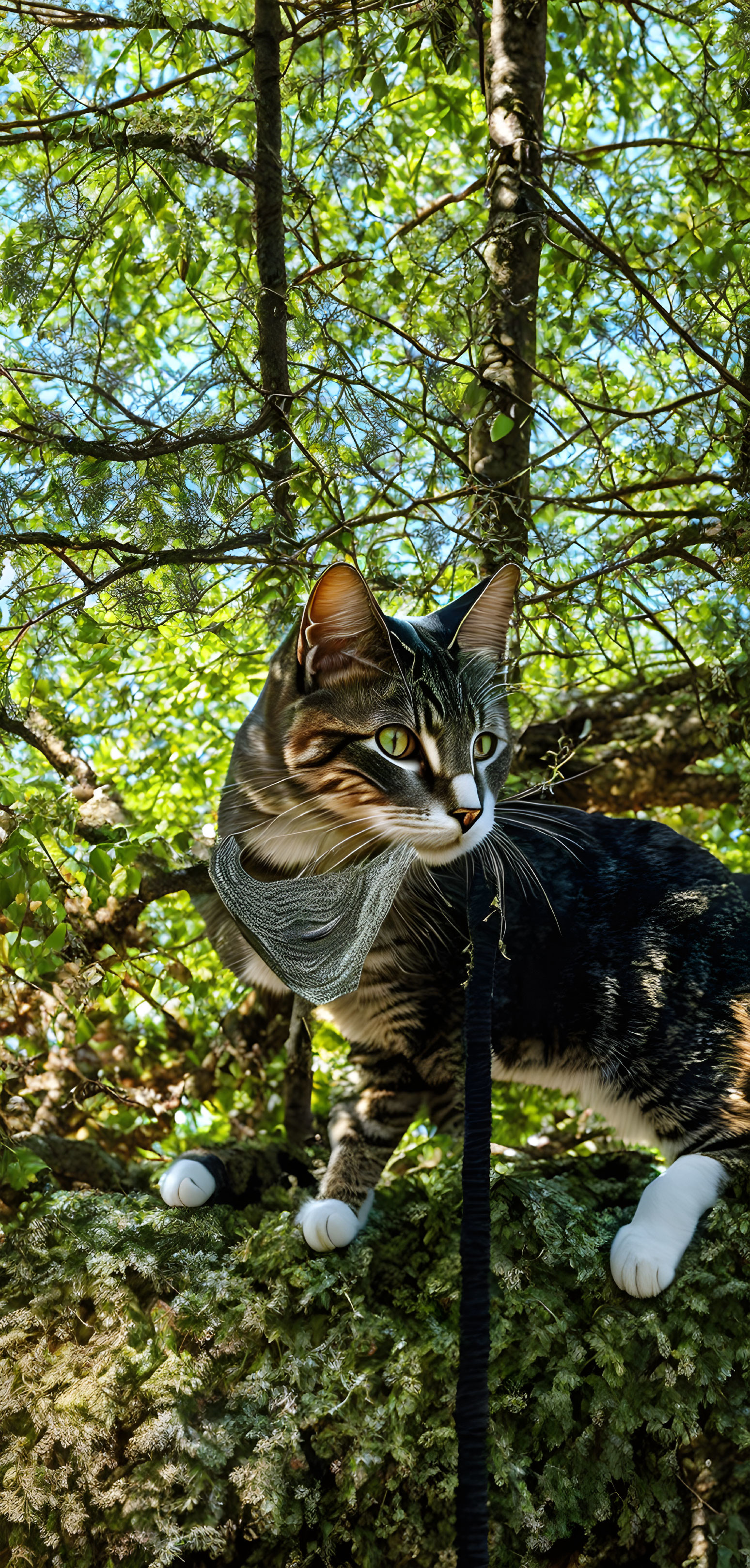 Tabby Cat in Harness Explores Moss-Covered Tree Trunk