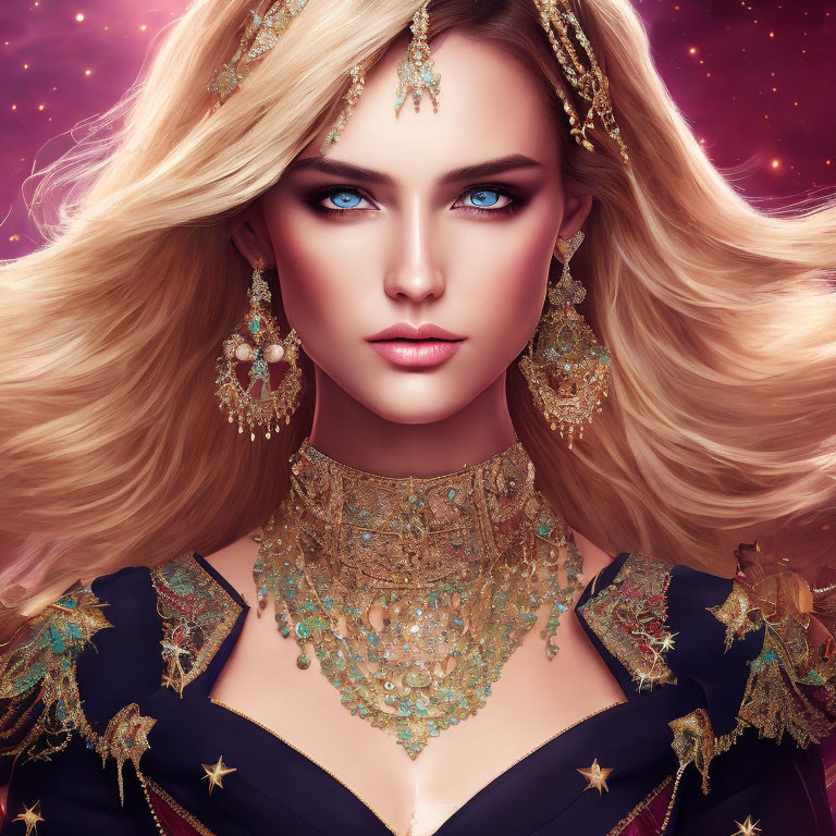 Digital artwork of woman with blue eyes and gold jewelry on red backdrop