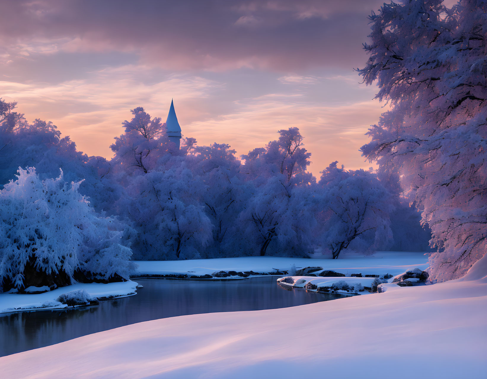 Snowy Dusk Landscape with Frosted Trees and Church Spire