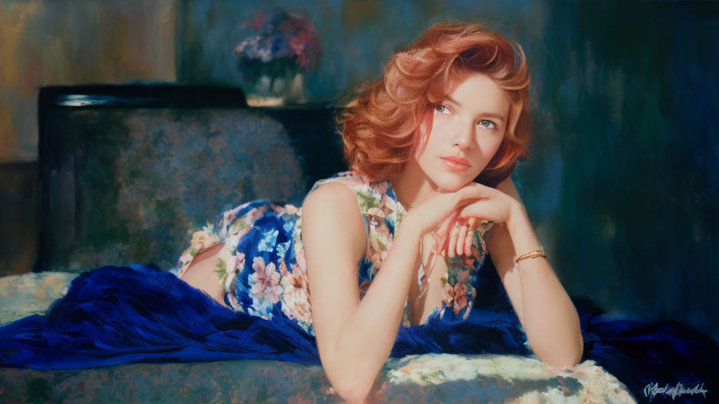 Woman with Wavy Auburn Hair in Floral Dress Rests on Blue Velvet Cloth