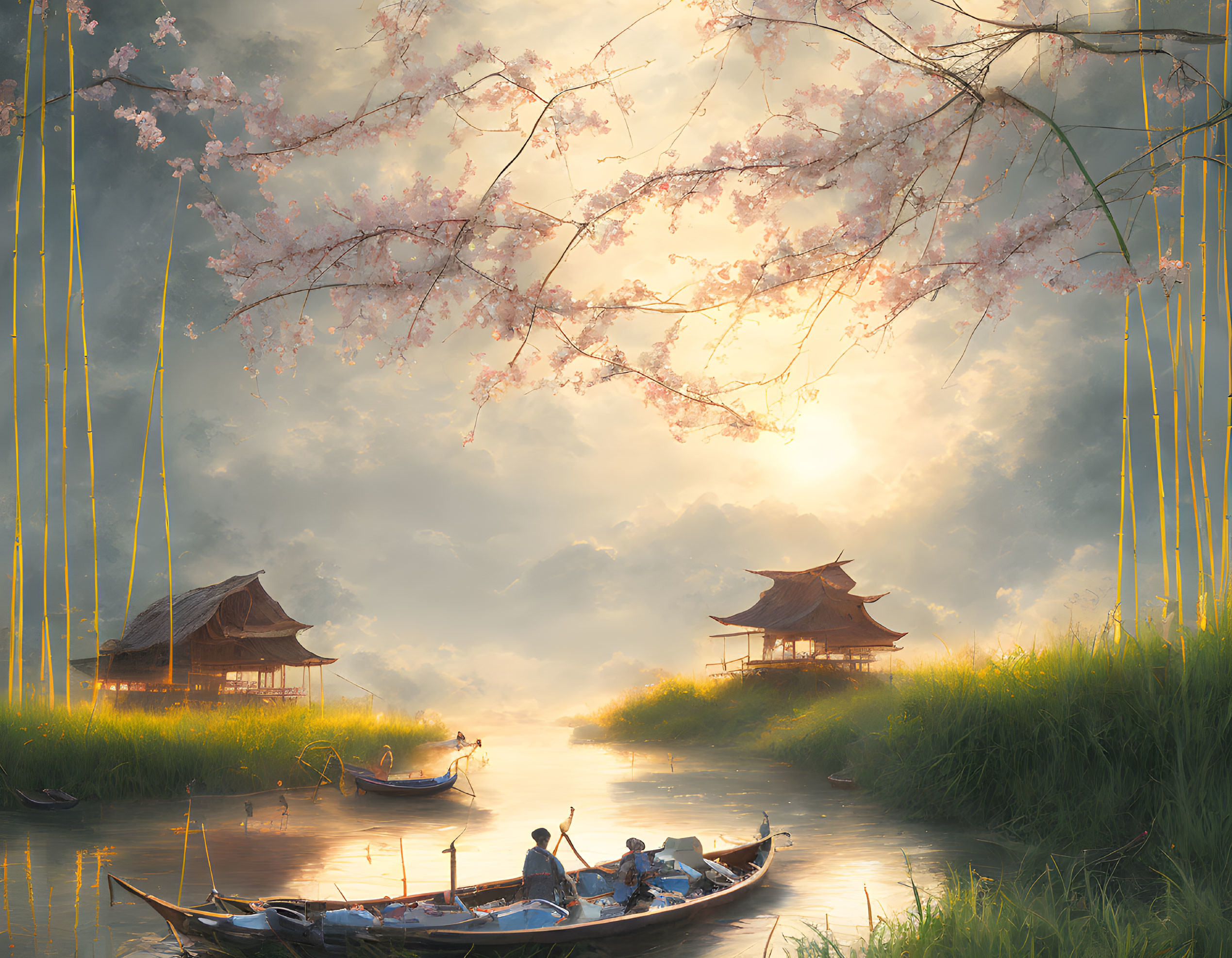 Tranquil River Scene with Cherry Blossoms, Boats, and Asian Buildings