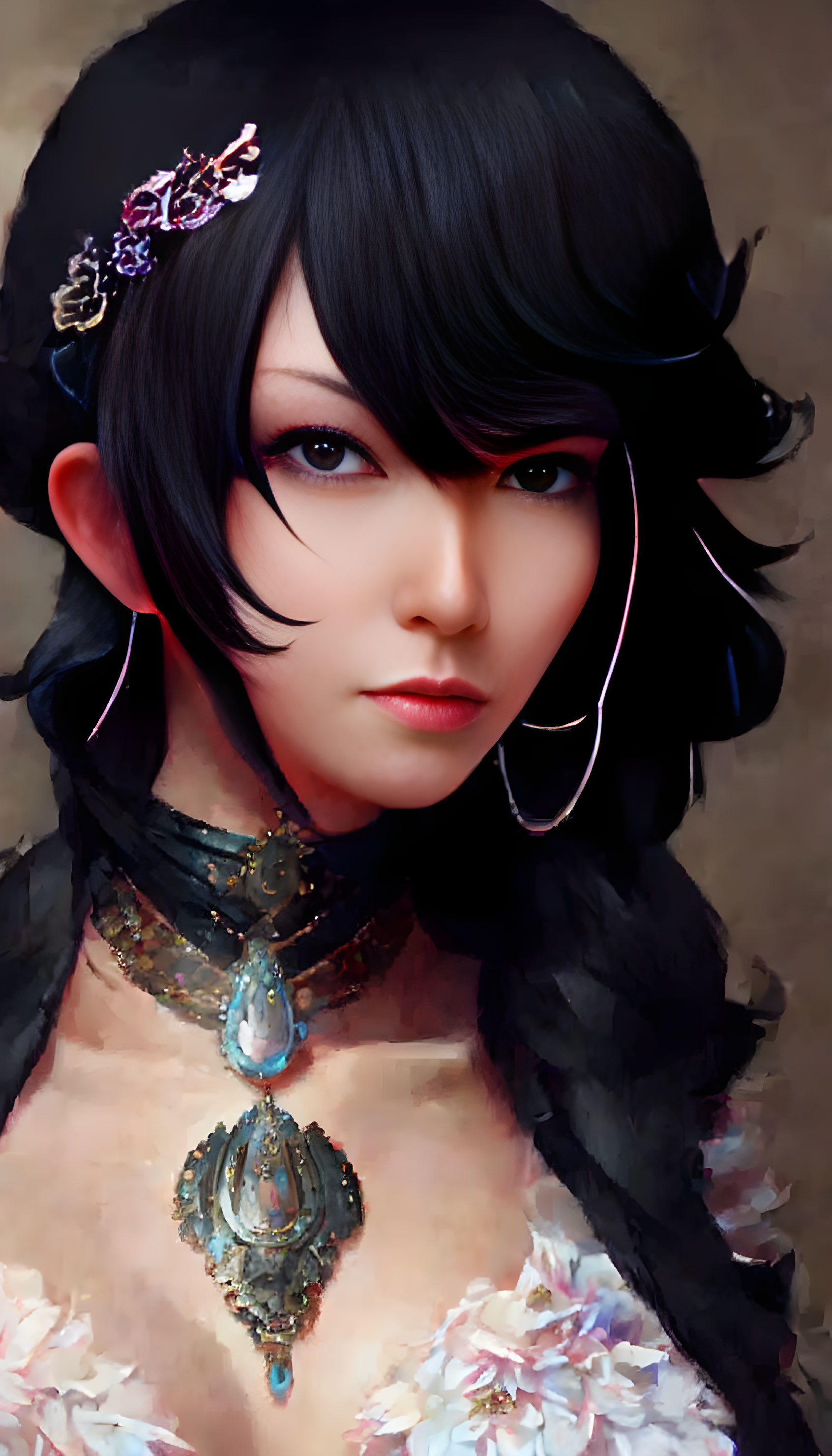 Illustrated woman with dark hair and ornate accessories on neutral background