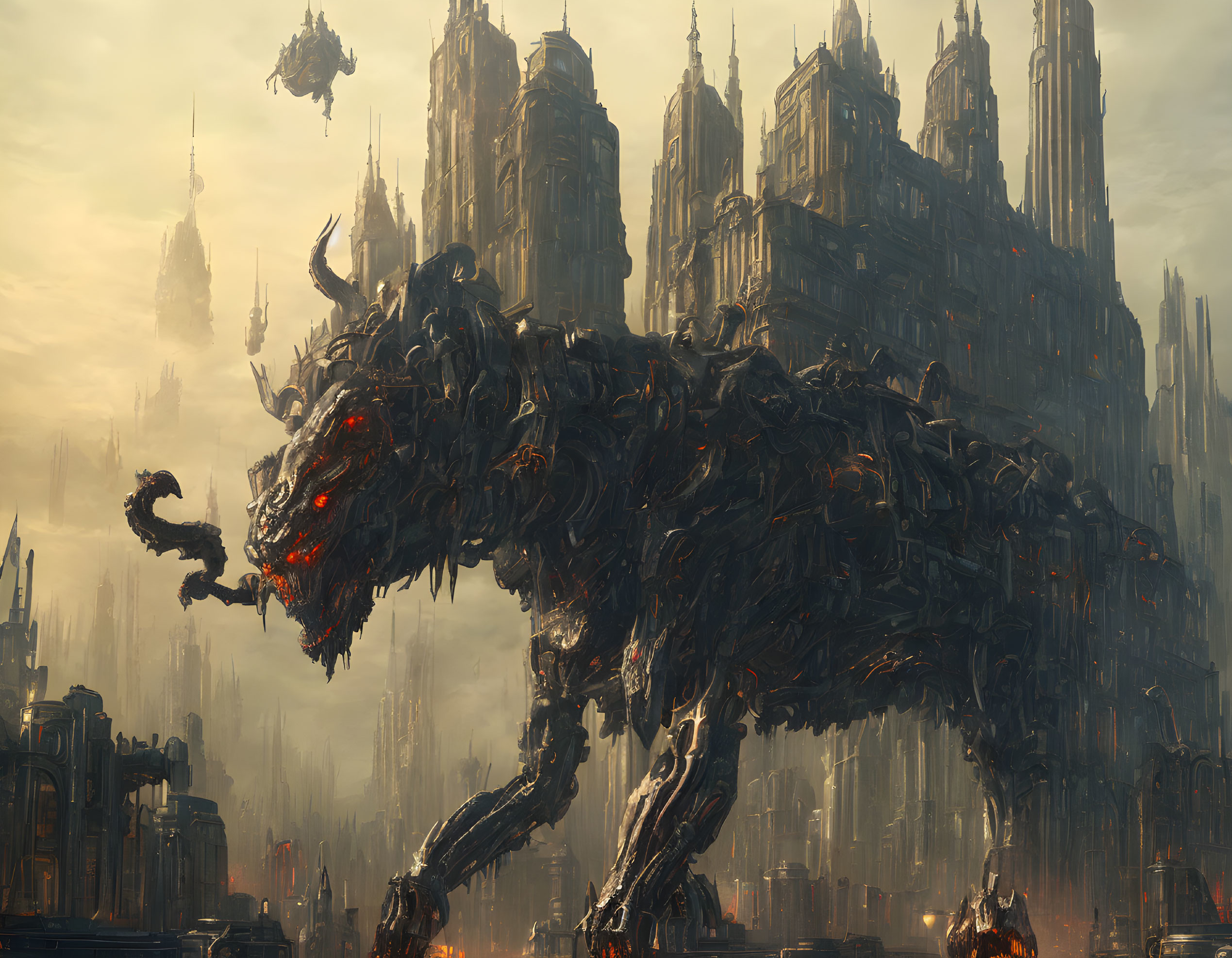 Gigantic mechanized beast with red eyes in front of gothic architecture under dystopian sky