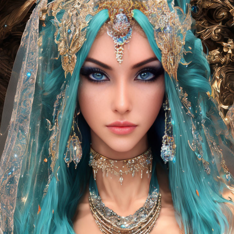 Person with Blue Eyes and Teal Hair in Ornate Gold Headdress