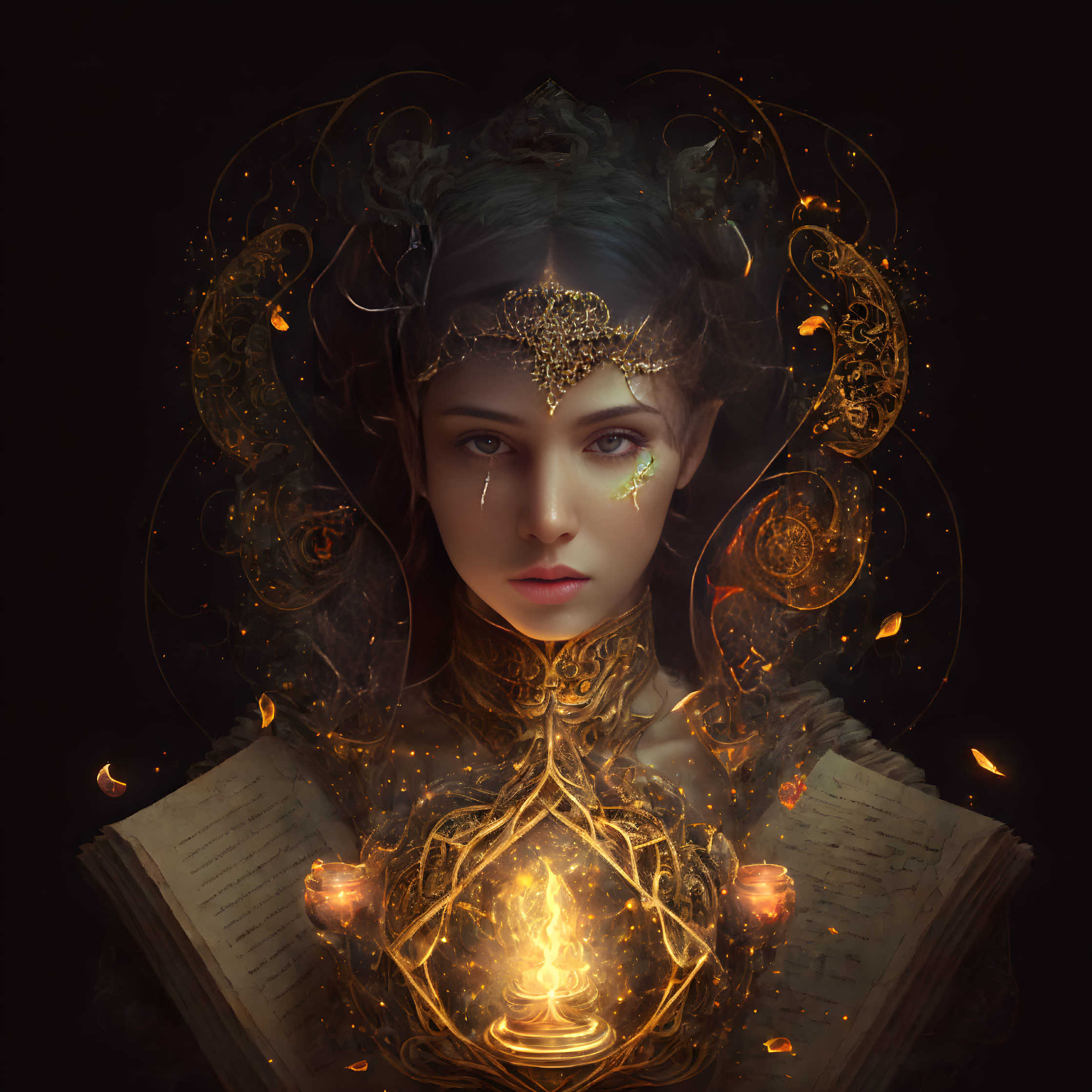 Ethereal woman with golden crown and mystic symbols emitting magical power