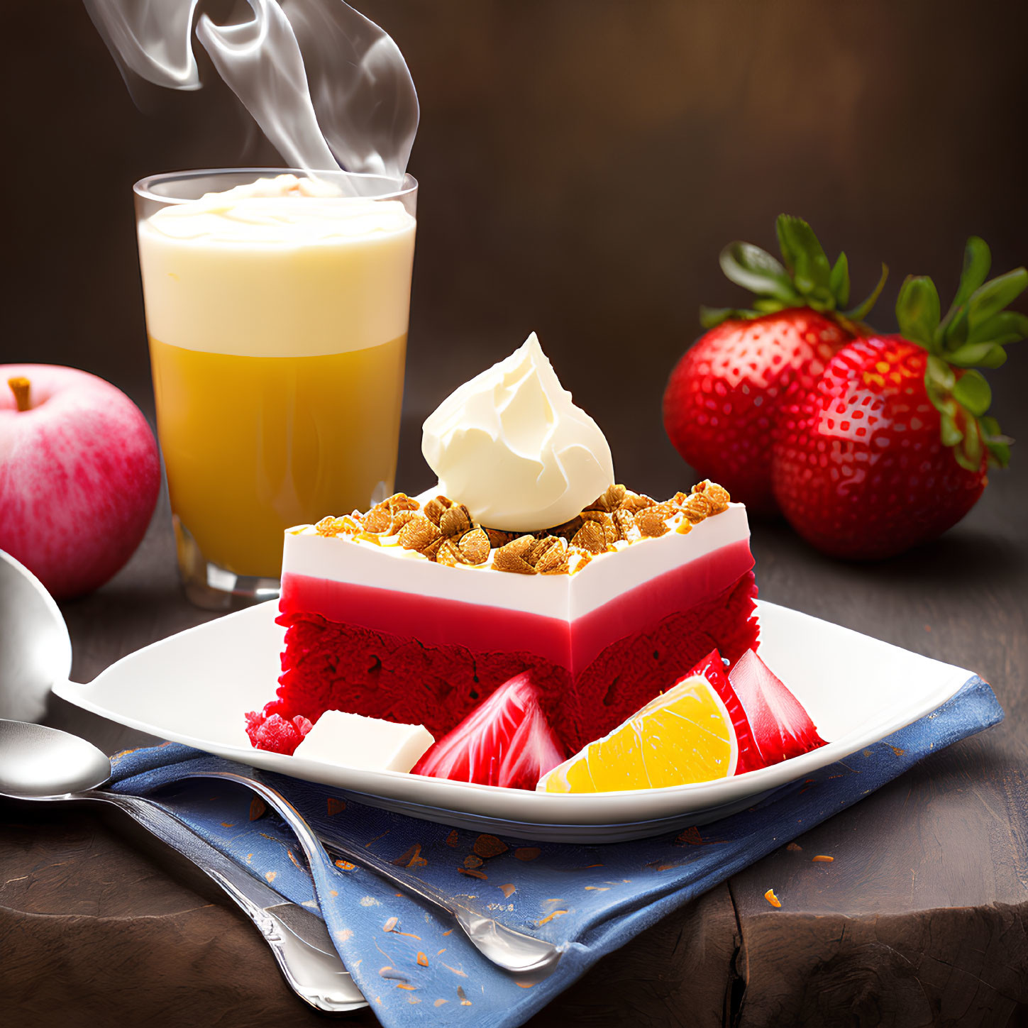 Colorful Sponge Cake with Cereal, Cream, Fruit, and Juice on Wooden Table