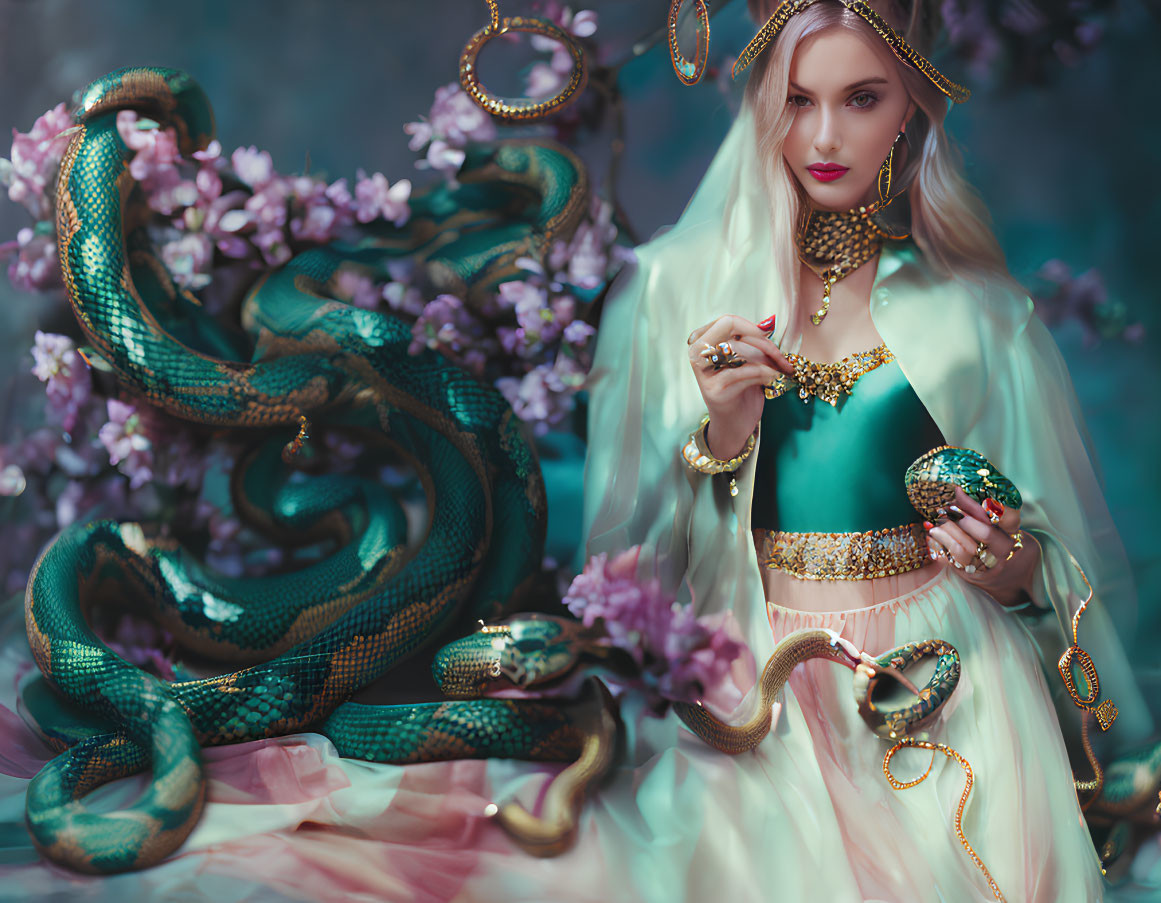 Fantastical Woman in Elegant Attire with Serpents and Floral Background