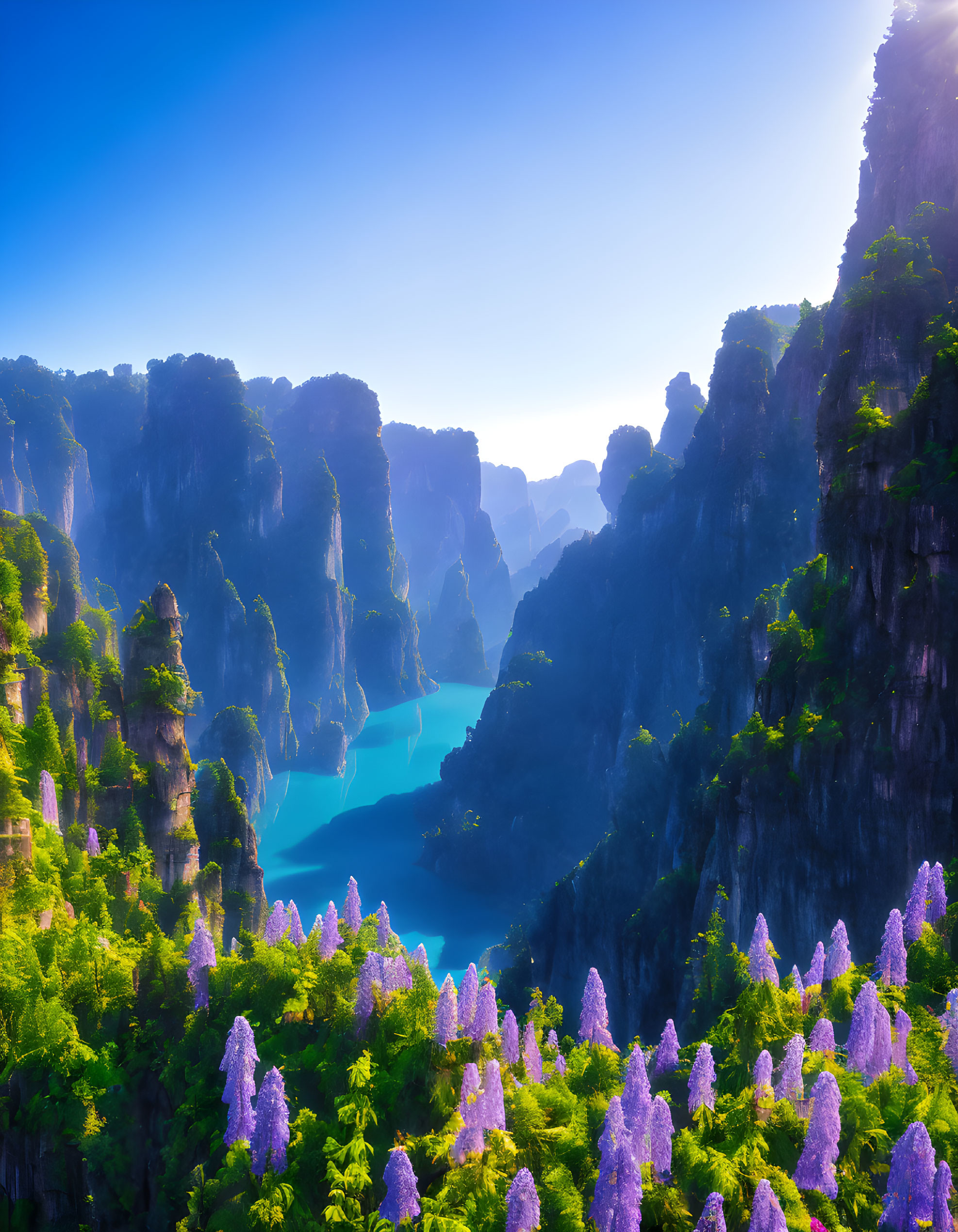 Tranquil landscape with limestone cliffs, lush greenery, turquoise river, and purple flowers