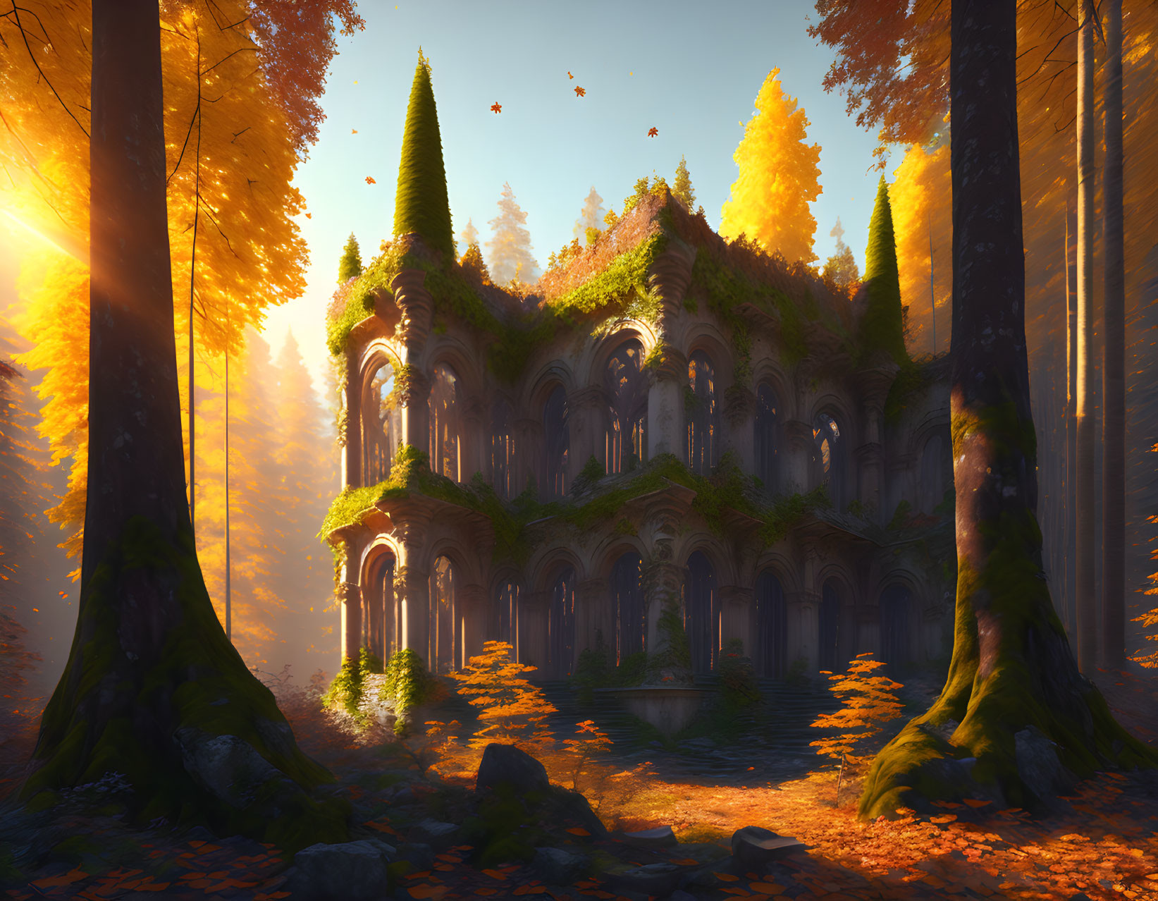 Enchanted forest scene with gothic structure and autumn leaves