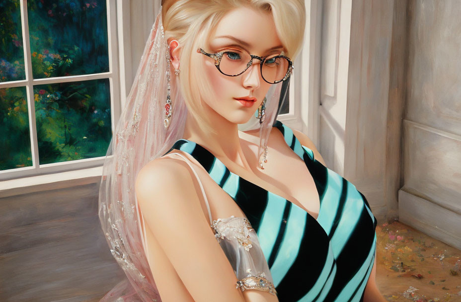 Blonde woman in glasses with striped attire and veil smiling indoors