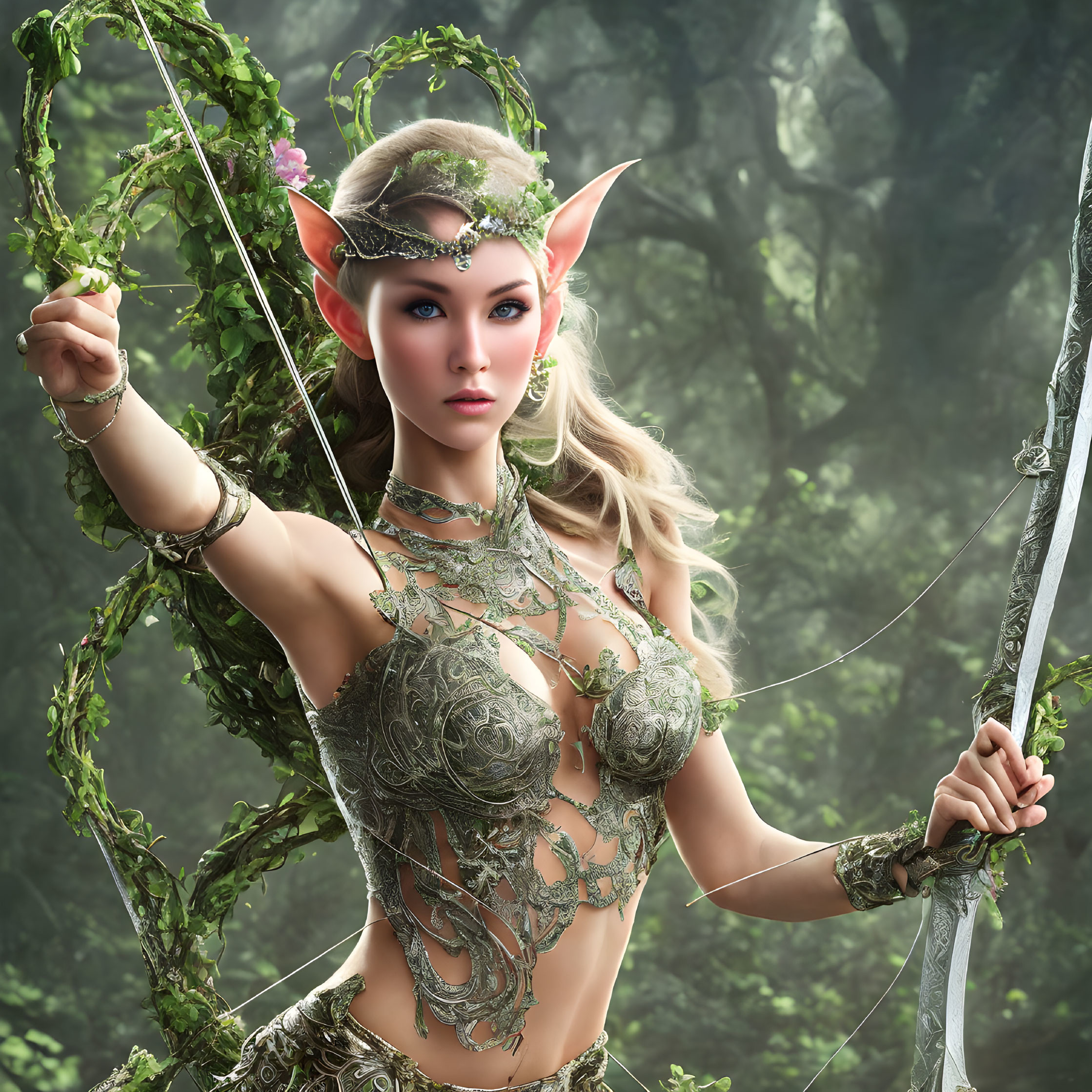 Elf woman with pointy ears and blue eyes in green nature armor with vine bow in forest