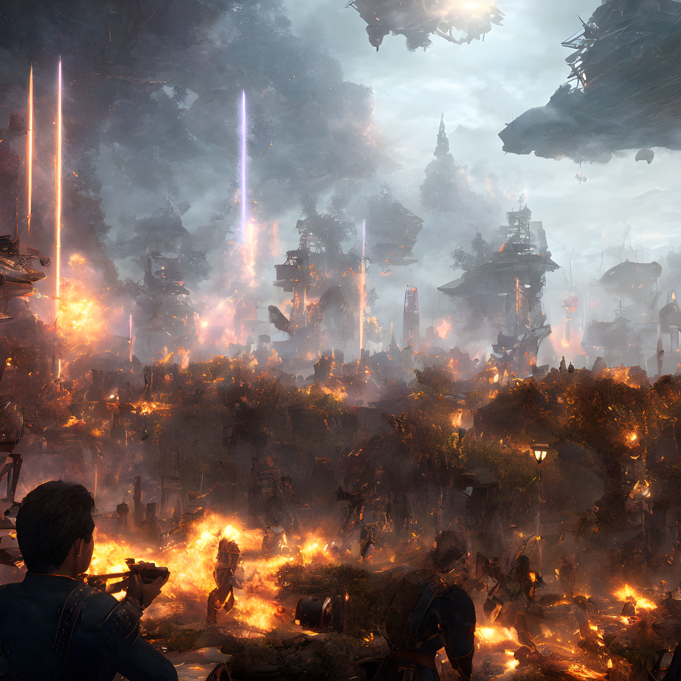 Futuristic battle scene with soldier, burning structures, blue beams, and floating islands
