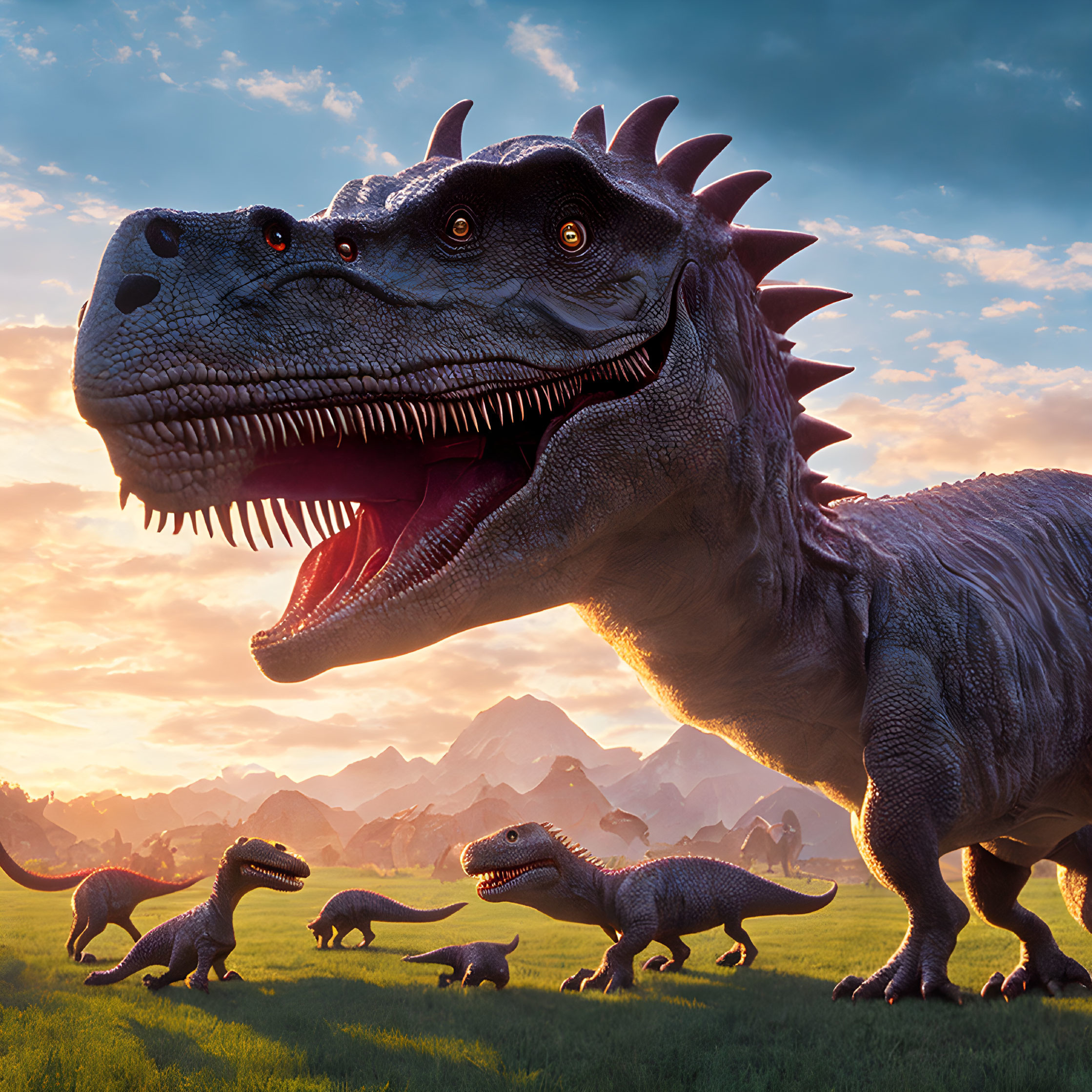 CGI Tyrannosaurus Rex with Open Mouth in Mountainous Landscape at Sunrise