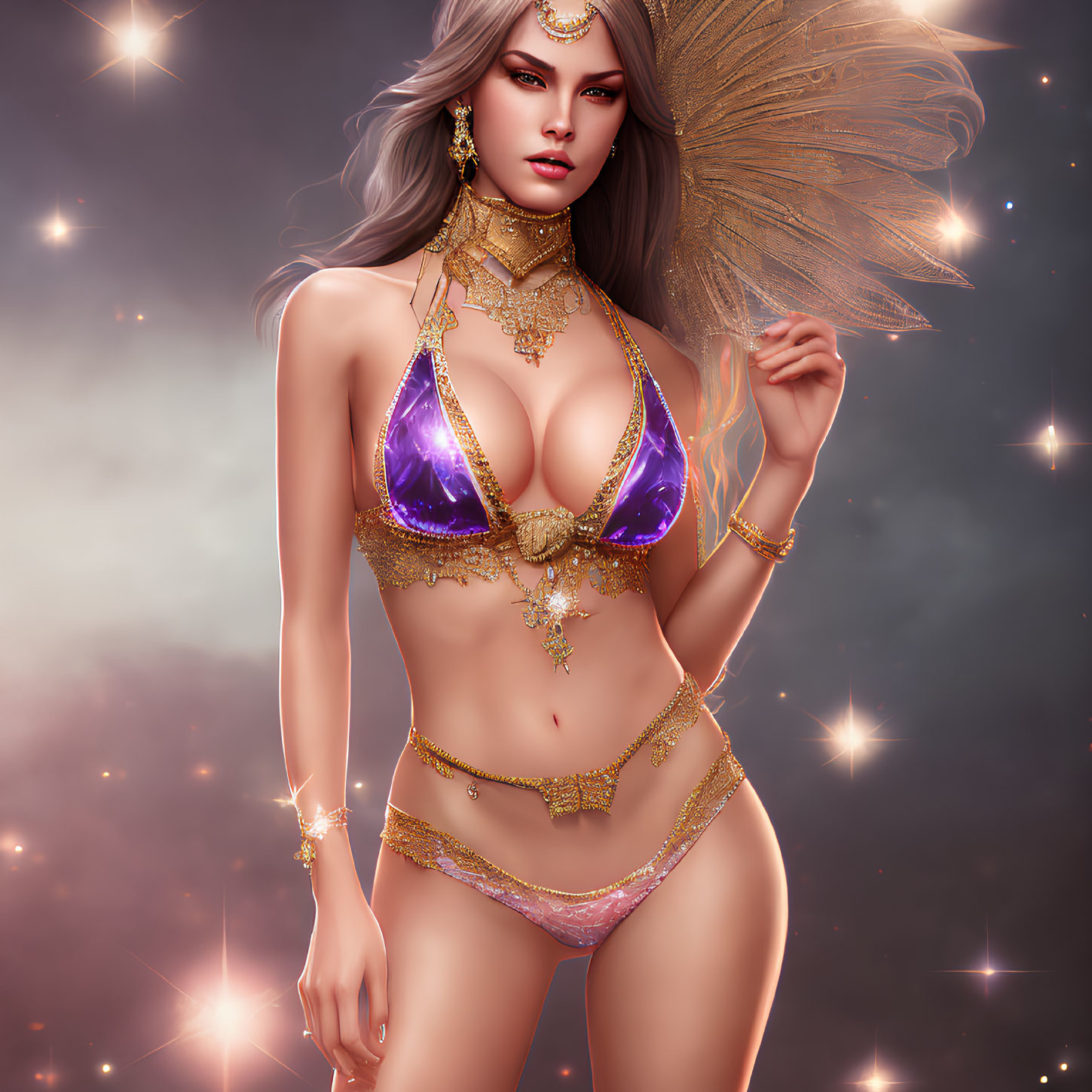 Fantastical illustration of woman with silver hair in purple and gold bikini against mystical starry backdrop