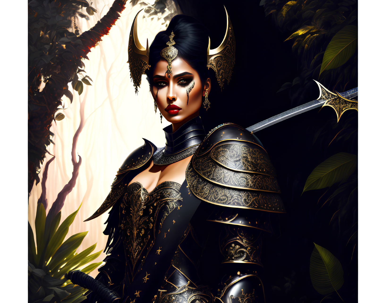 Detailed Illustration: Warrior Woman in Black and Gold Armor with Sword and Horned Helmet in Jungle Setting