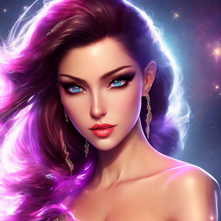 Vibrant purple hair and blue eyes in digital art portrait