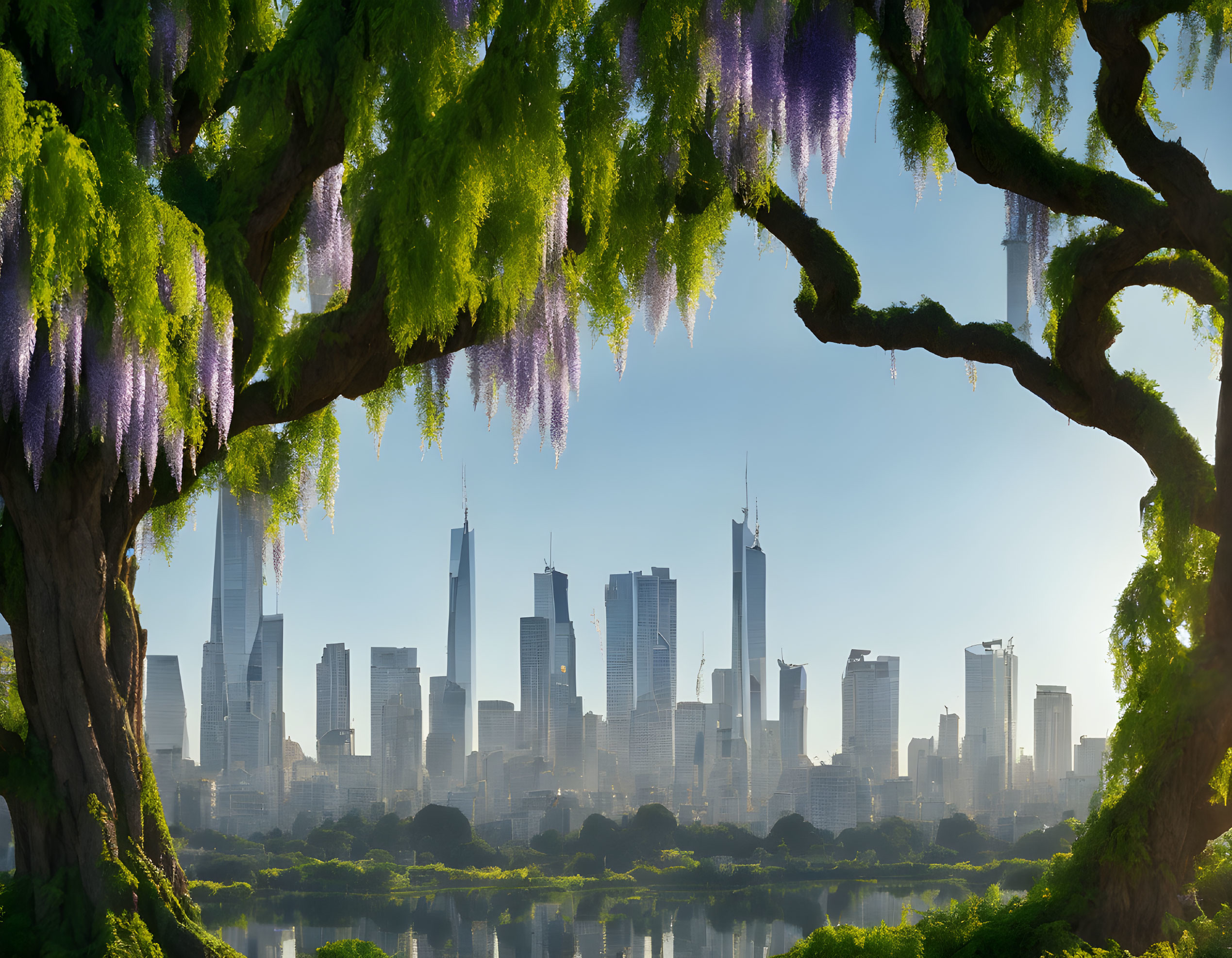 Tranquil cityscape with green branches and purple flowers by calm river