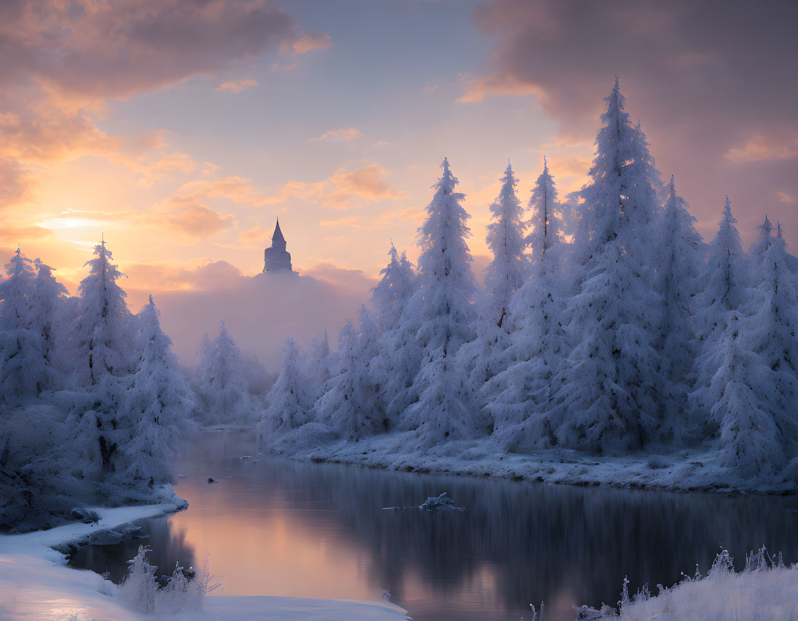 Snow-covered trees, calm river, sunrise, distant tower in tranquil winter scene
