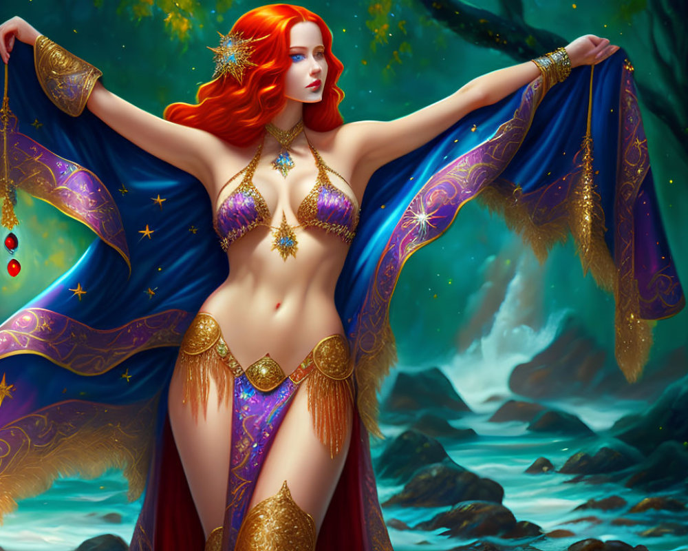 Red-haired woman in fantasy setting wearing gold and purple garments in lush forest