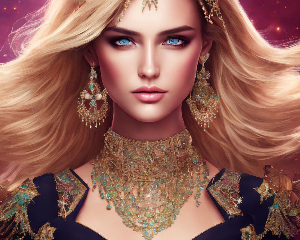 Digital artwork of woman with blue eyes and gold jewelry on red backdrop