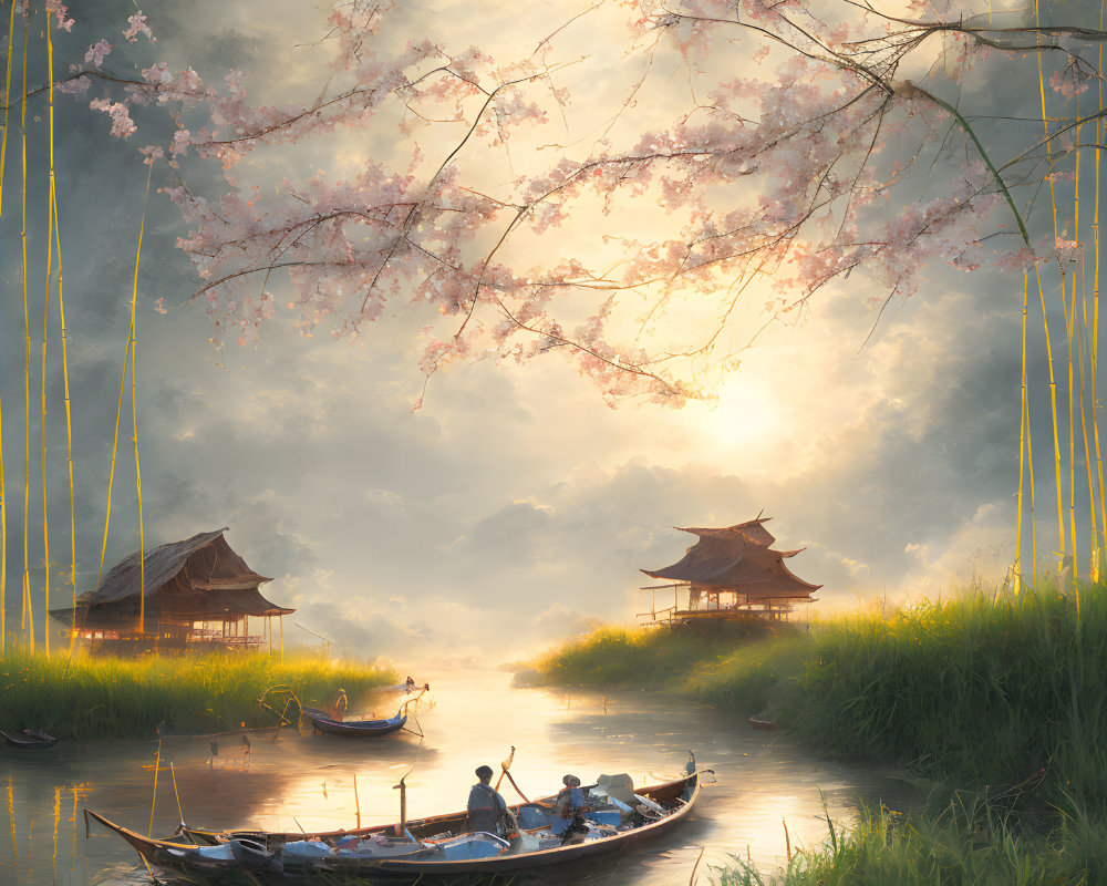 Tranquil River Scene with Cherry Blossoms, Boats, and Asian Buildings