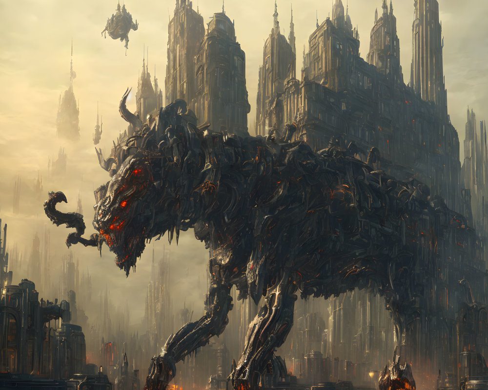 Gigantic mechanized beast with red eyes in front of gothic architecture under dystopian sky