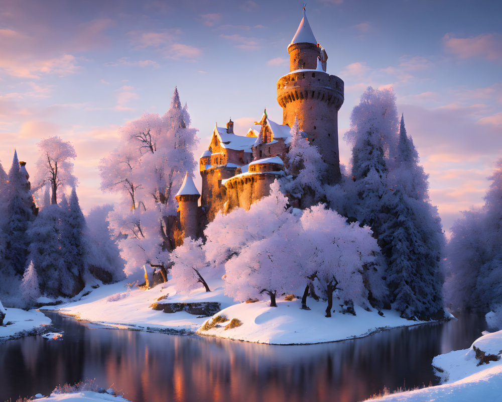 Snow-covered castle and frosty trees in soft sunset glow by tranquil river