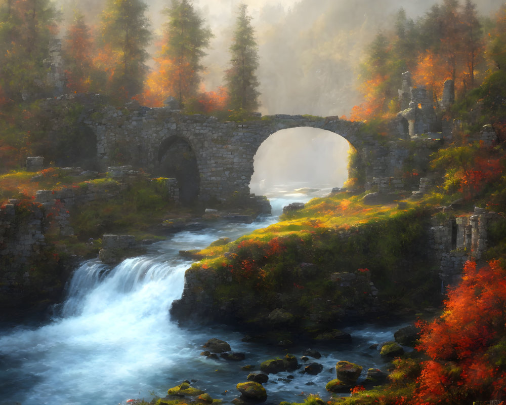 Stone bridge over river with waterfall and autumn trees in soft sunlight