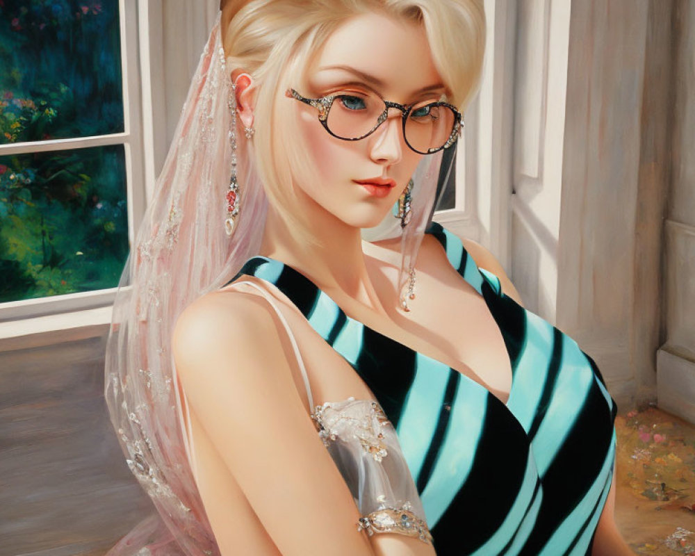 Blonde woman in glasses with striped attire and veil smiling indoors