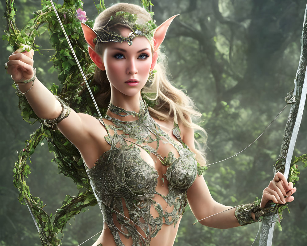 Elf woman with pointy ears and blue eyes in green nature armor with vine bow in forest
