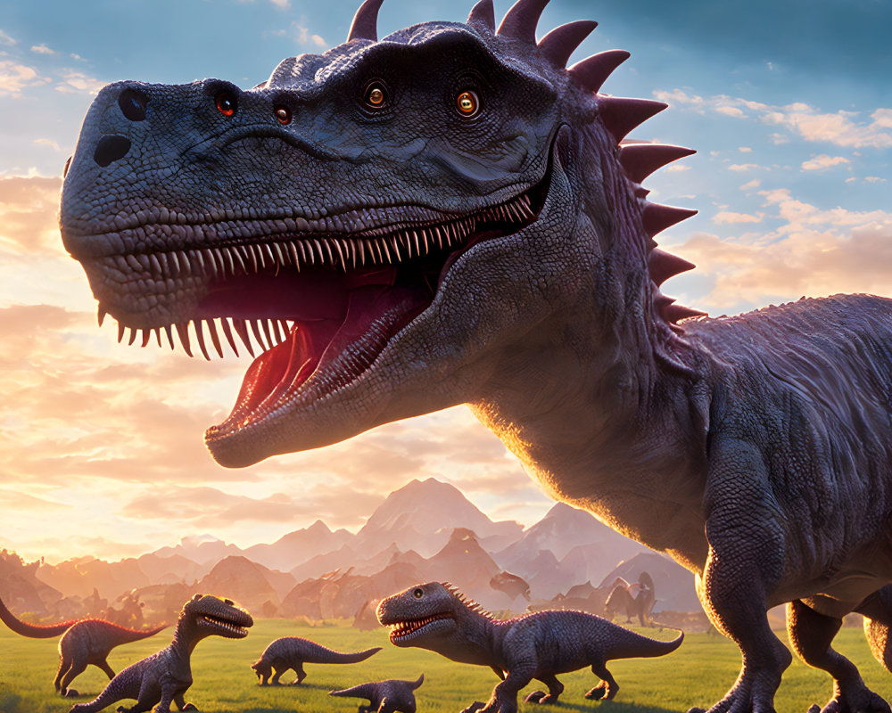 CGI Tyrannosaurus Rex with Open Mouth in Mountainous Landscape at Sunrise