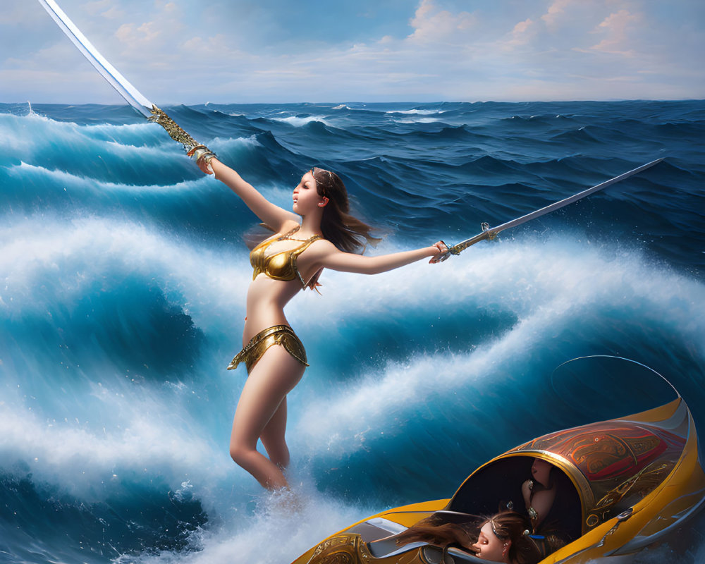 Woman in Golden Armor Wielding Sword on Boat Amid Crashing Waves