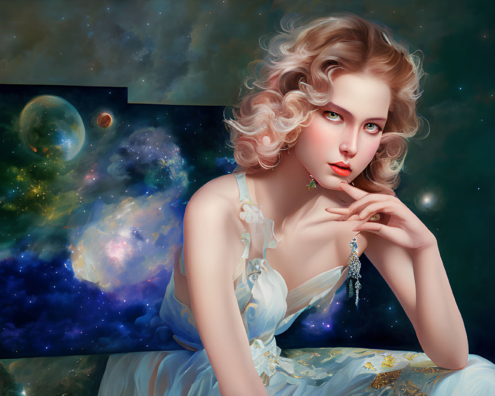 Blonde Curly-Haired Woman Poses in Cosmic Setting