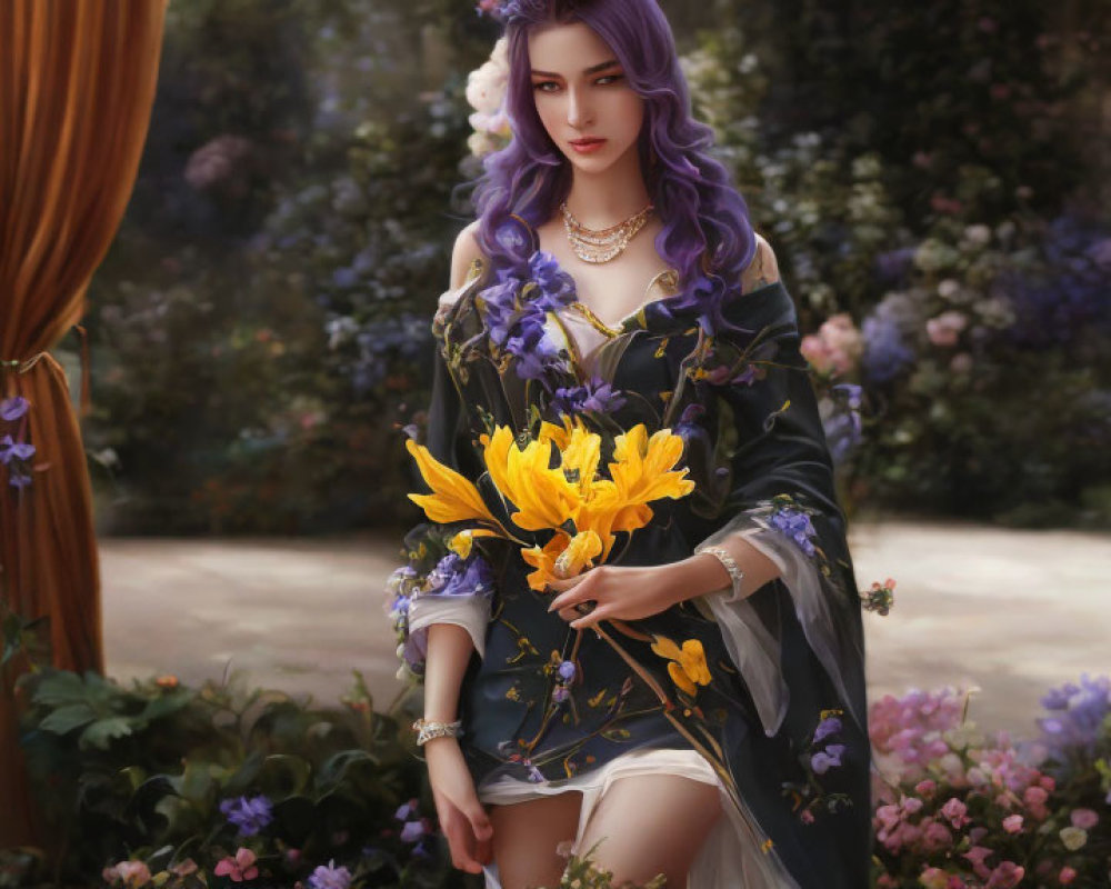 Digital artwork: Woman with purple hair in garden holding yellow flowers