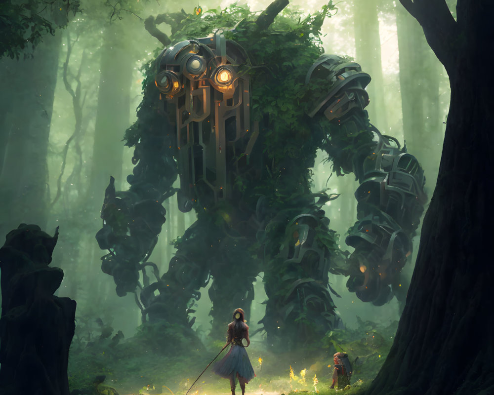 Mystical forest scene with giant robot, young girl, and luminous creatures