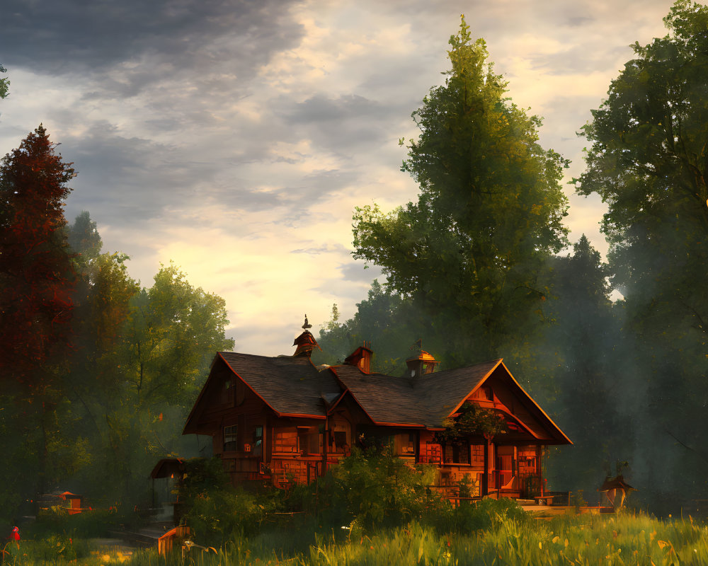 Tranquil woodland cabin in warm sunset light