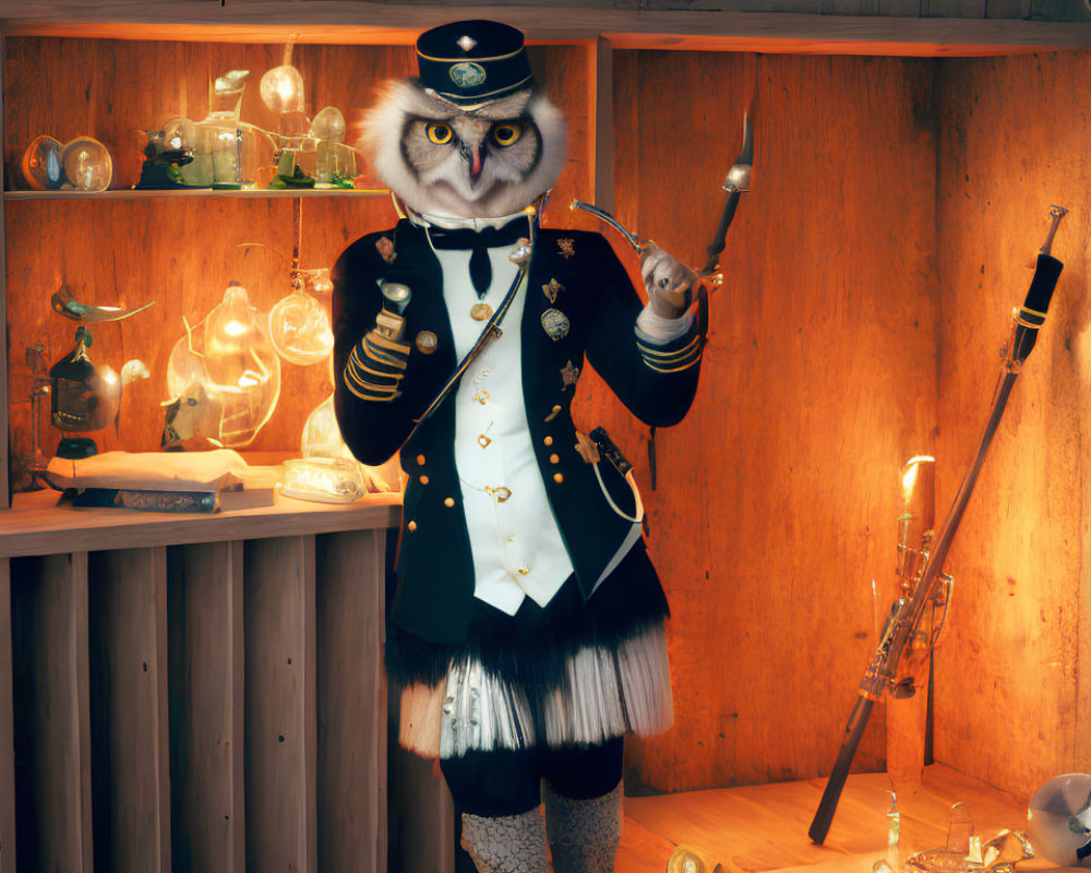 Anthropomorphic owl in naval uniform with baton in cozy room filled with vintage lamps and curios