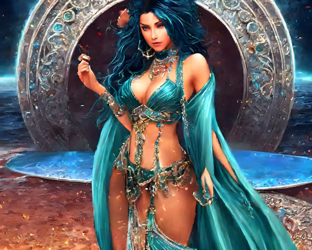 Blue-haired fantasy character in ornate setting with golden jewelry