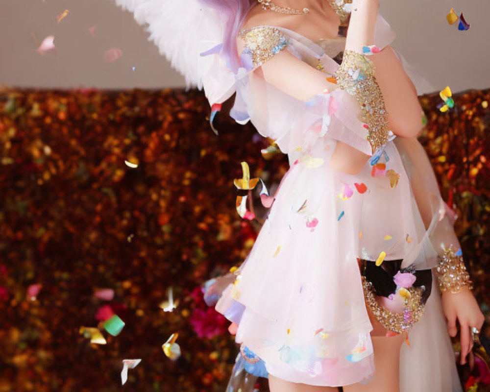 Purple-haired person with angel wings in sparkly white dress amidst falling confetti and rose petals