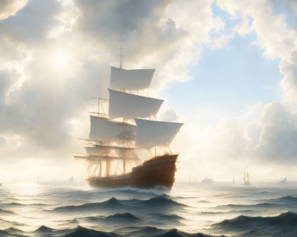 Tall ship sailing at sea under golden light