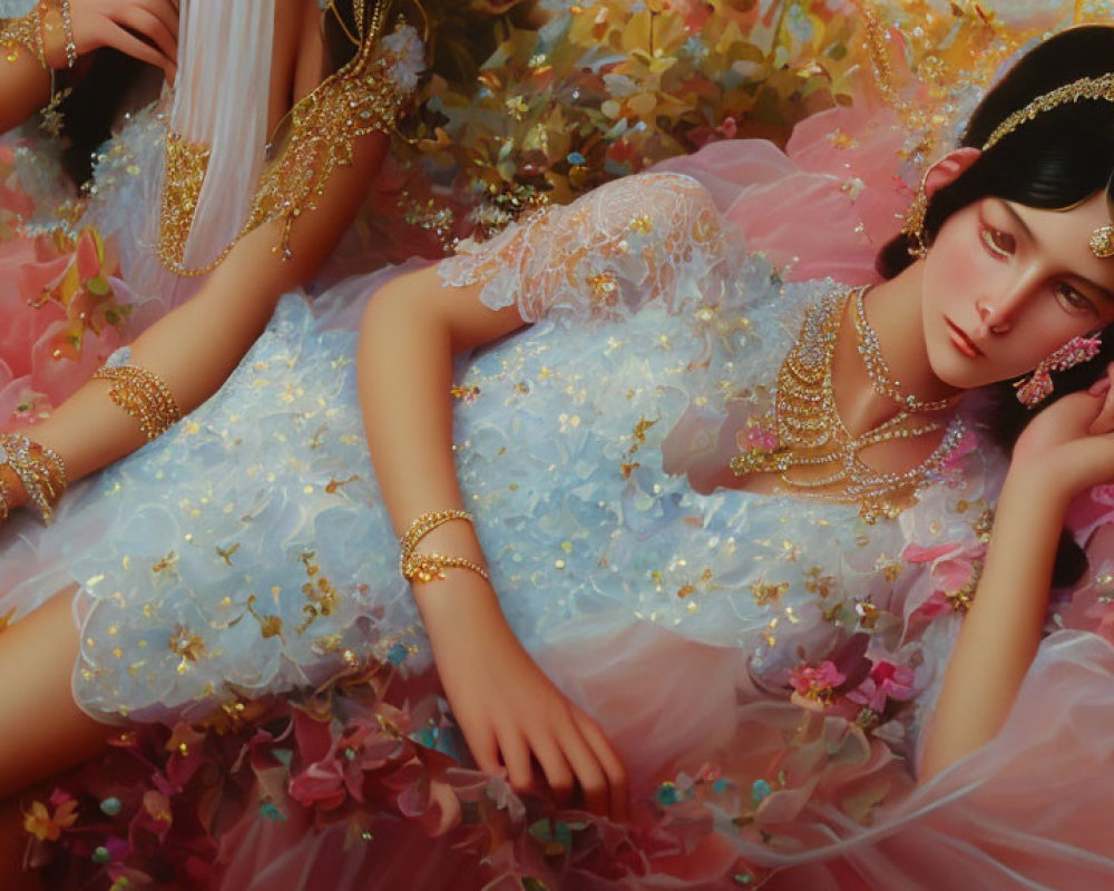 Woman in Blue Dress Surrounded by Pastel Flowers and Gold Jewelry