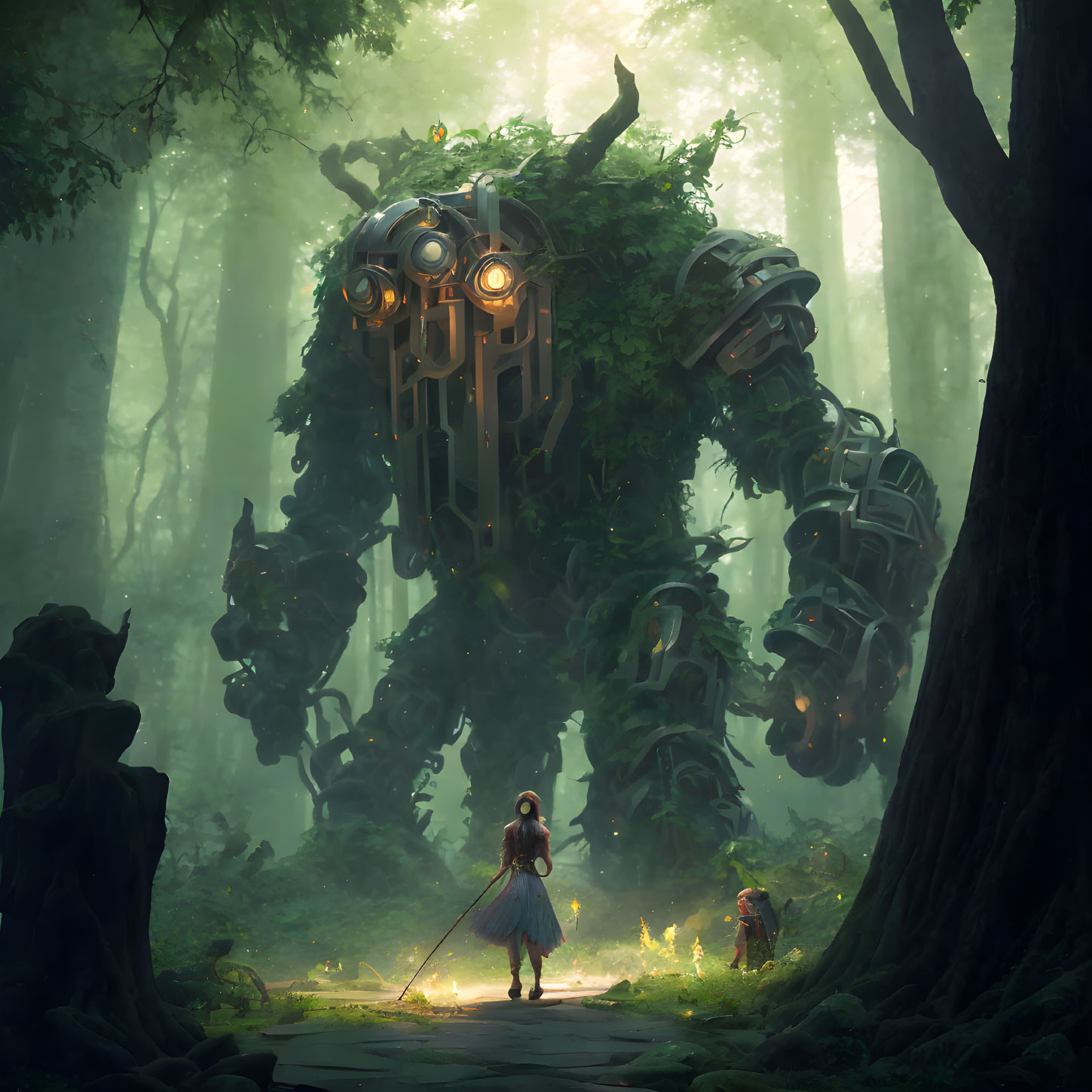 Mystical forest scene with giant robot, young girl, and luminous creatures