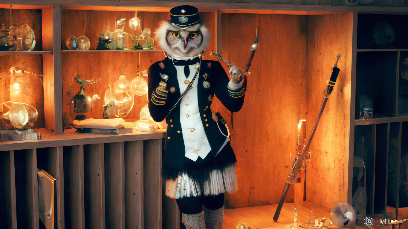 Anthropomorphic owl in naval uniform with baton in cozy room filled with vintage lamps and curios