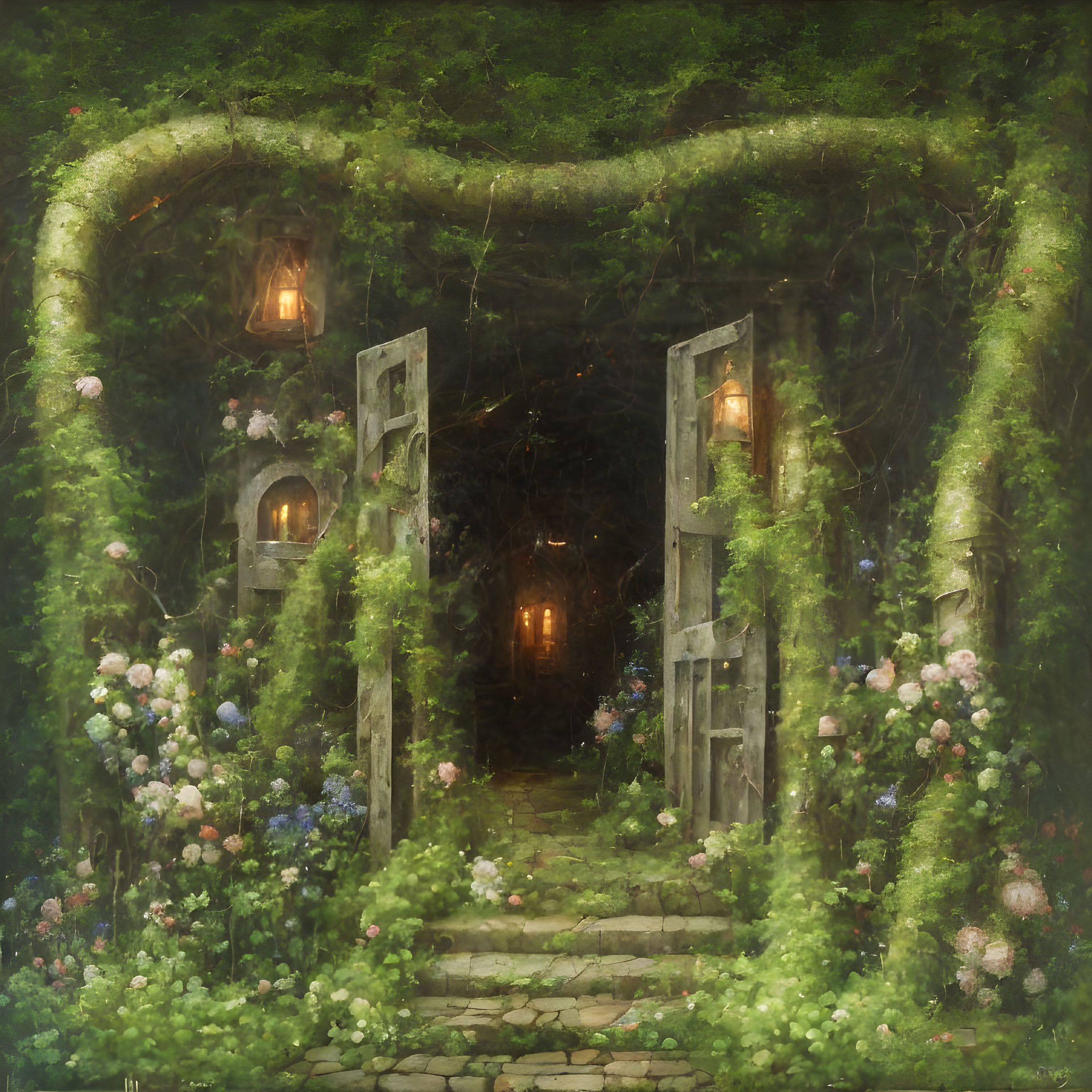 Overgrown greenery and colorful flowers frame a doorway to a warmly lit tunnel