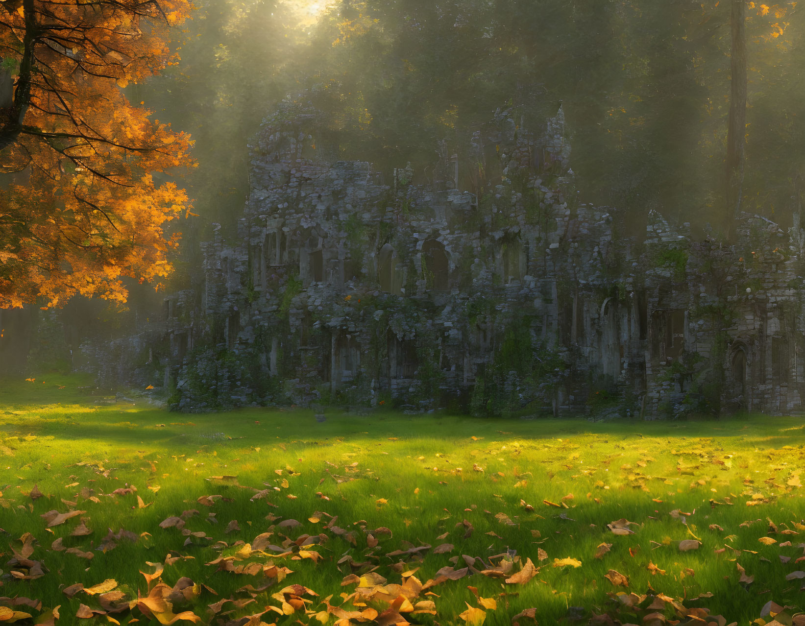 Overgrown ancient ruin in golden sunlight among fallen leaves